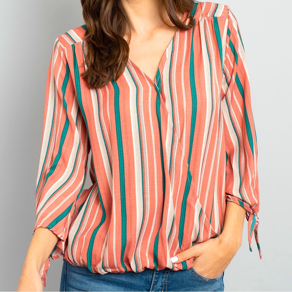 Women Blouse Vertical Stripes - Blush Teal (size S M L)